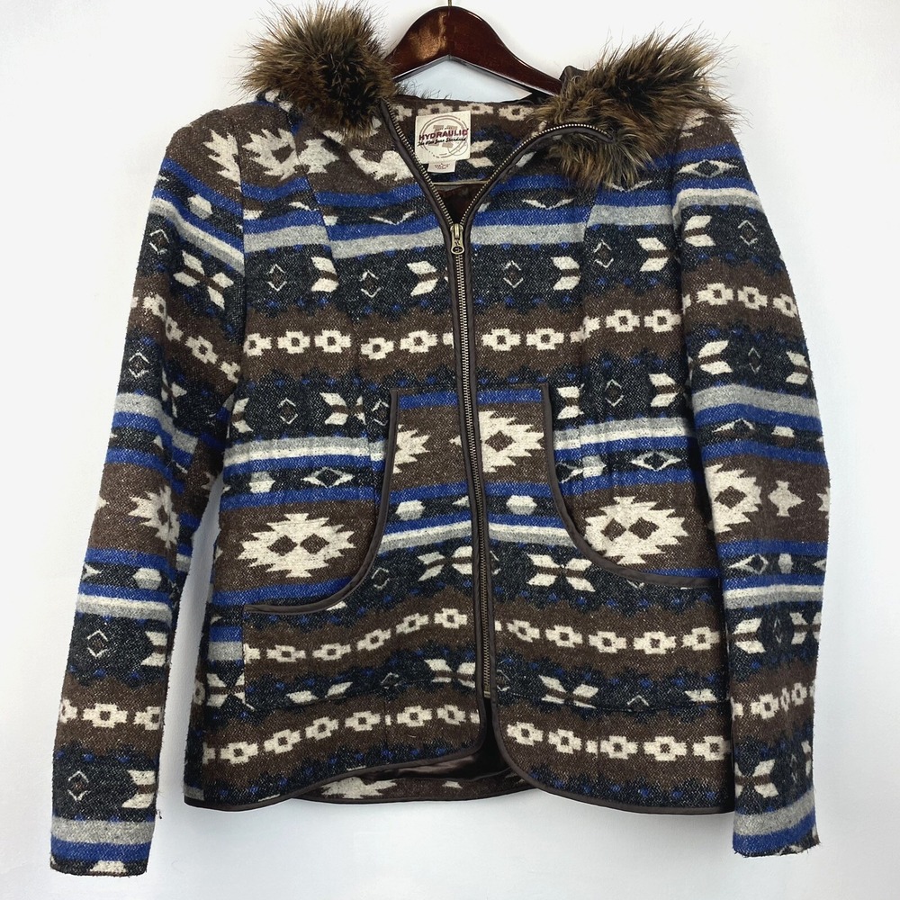 Flannel Coat Womens Medium Jacket Aztec Southwestern Faux Fur Hood Western